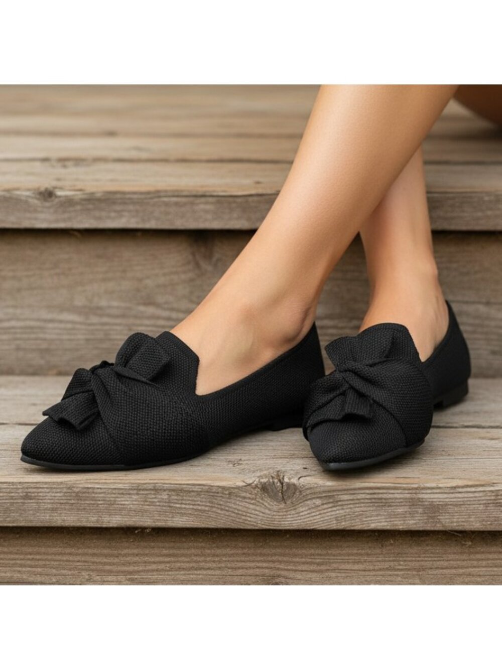 Oversized Twisted Bow Mesh Knit Pointed Toe Flats Slip-On Ballet Shoes Loafers